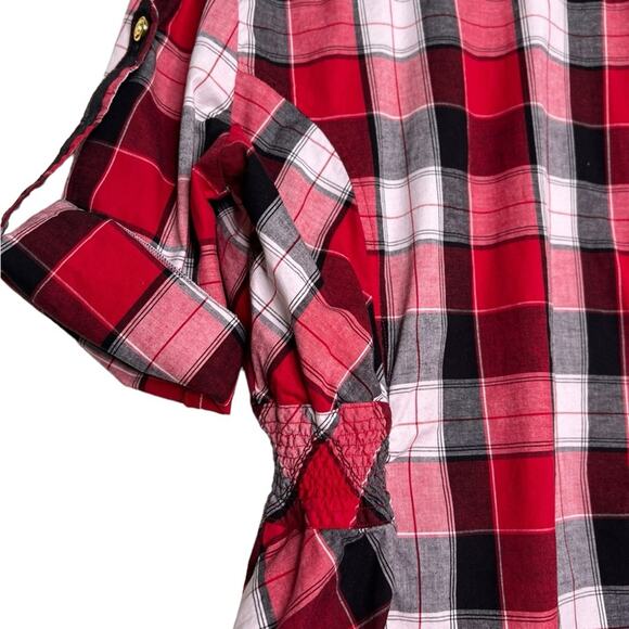 COOGI Button Down Shirt Roll Tab Long Sleeves Red Black Plaid Elastic Waist Sz L - Picture 5 of 12